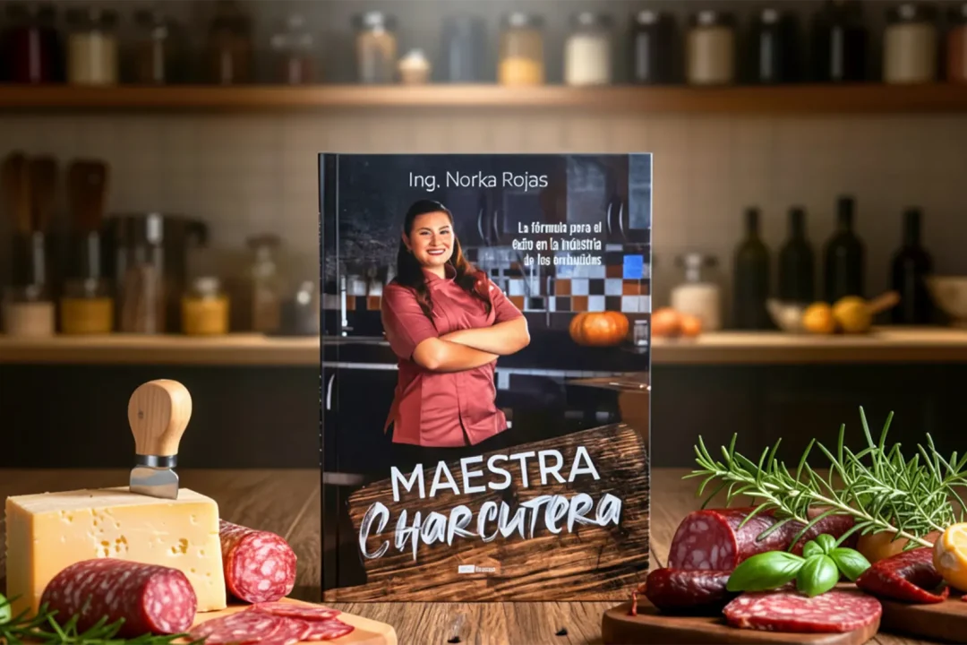Portada del libro Maestra Charcutera de la Ing. Norka Rojas, sobre un mesón con ingredientes de charcutería alrededor